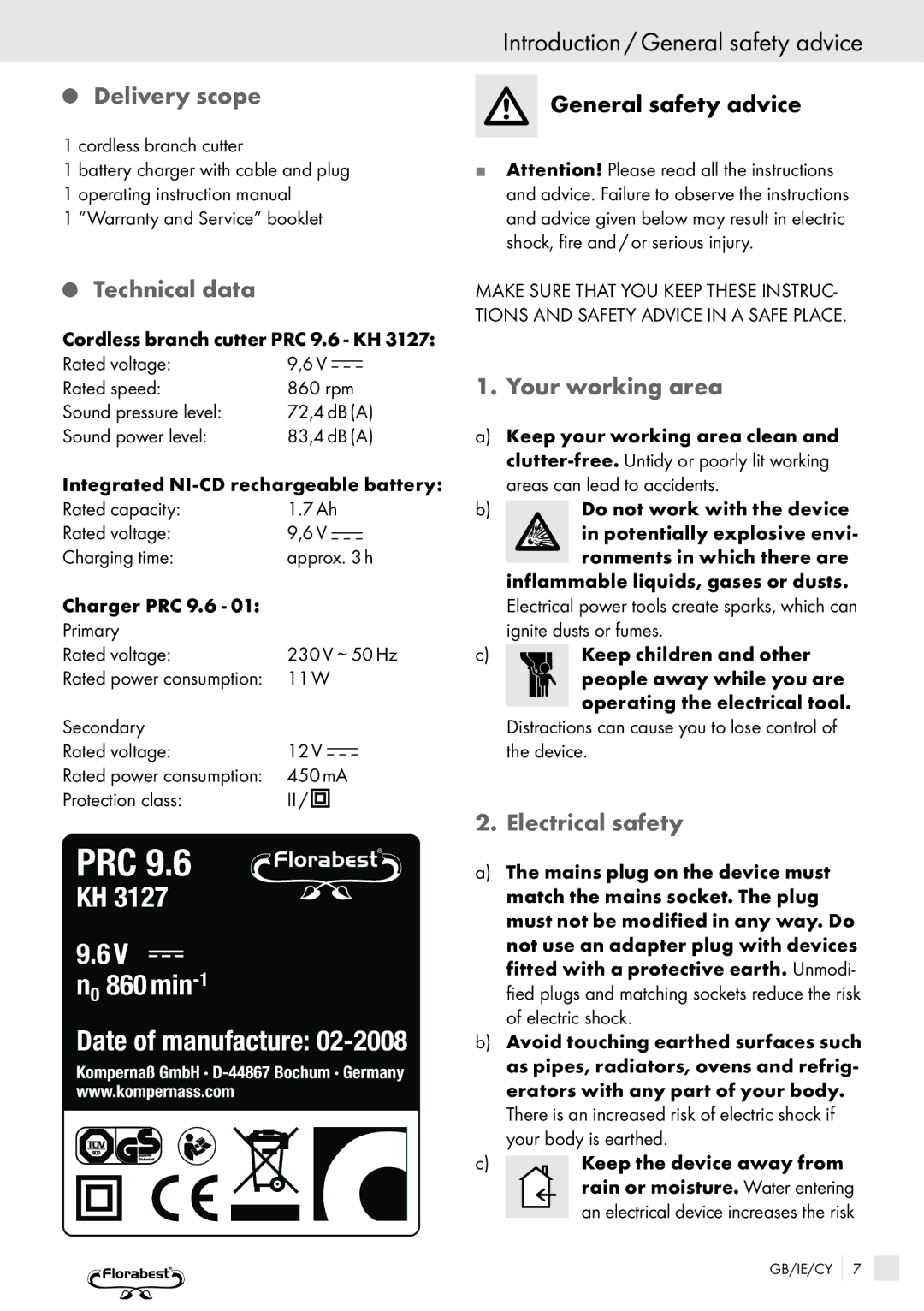 Bench 32PFL7582D manual Introduction / General safety advice, Delivery scope, Technical data, Your working area 